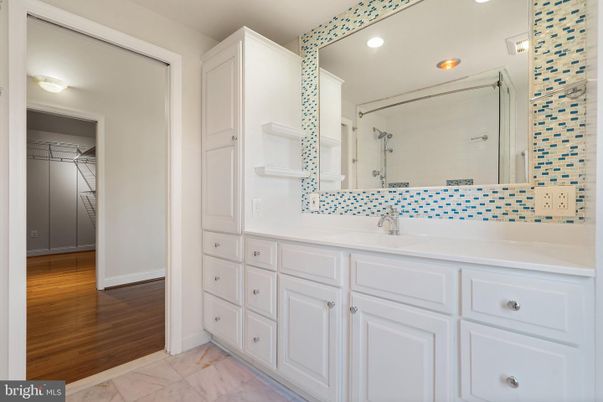 Bathroom, Interior, Marble, Recessed Lighting, Wood Texture Flooring