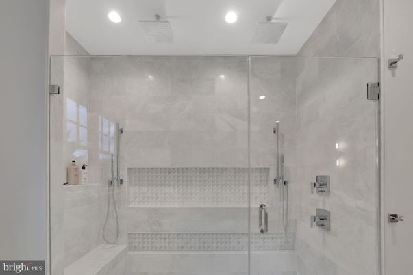 Bathroom, Glass Shower, Interior, Marble Walls, Recessed Lighting