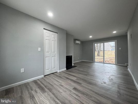 Empty room, Fireplace, Interior, Recessed Lighting, Wood Texture Flooring