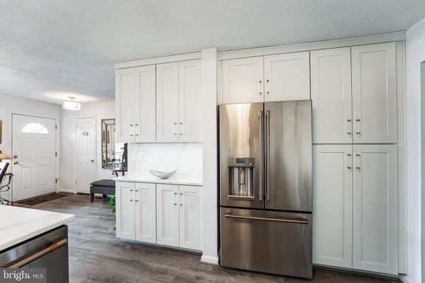 Interior, Kitchen, Marble Walls, Stainless Steel Appliances, Wood Texture Flooring