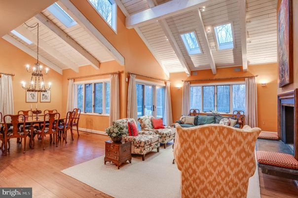 Chandelier, Dining room, Fireplace, Interior, Living room, Wooden Beams, Wood Texture Flooring