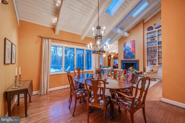 Chandelier, Dining room, Fireplace, Interior, Pendant Lights, Recessed Lighting, Wood Texture Flooring