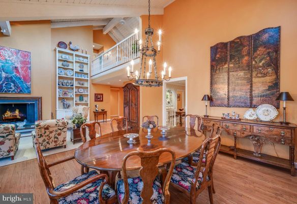 Chandelier, Dining room, Fireplace, Interior, Living room, Pendant Lights, Wood Texture Flooring