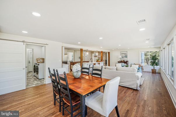 Dining room, Interior, Living room, Recessed Lighting, Wood Texture Flooring