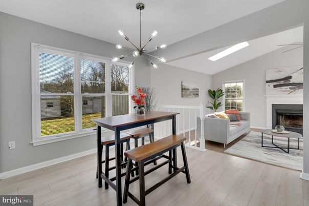 Dining room, Fireplace, Interior, Living room, Pendant Lights, Wood Texture Flooring