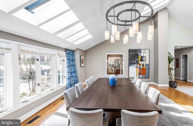Dining room, Interior, Pendant Lights, Recessed Lighting, Wood Texture Flooring