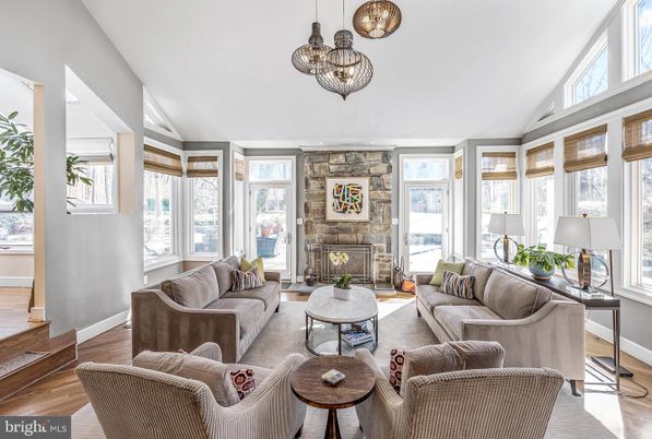 Fireplace, Interior, Living room, Pendant Lights, Stone Walls, Wood Texture Flooring