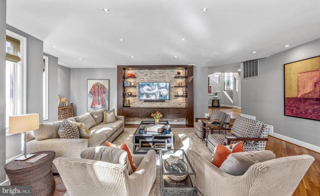 Interior, Living room, Recessed Lighting, Stone Walls, Wood Texture Flooring
