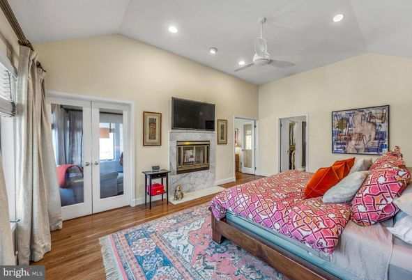 Bedroom, Fireplace, Interior, Recessed Lighting, Wood Texture Flooring