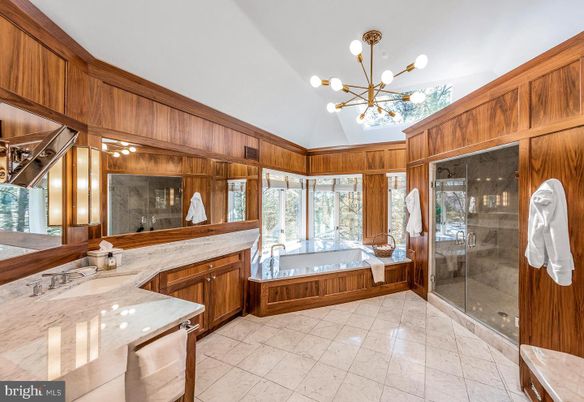 Bathroom, Glass Shower, Interior, Pendant Lights, Wooden Walls