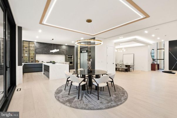 Dining room, Interior, Living room, Pendant Lights, Recessed Lighting, Wood Texture Flooring