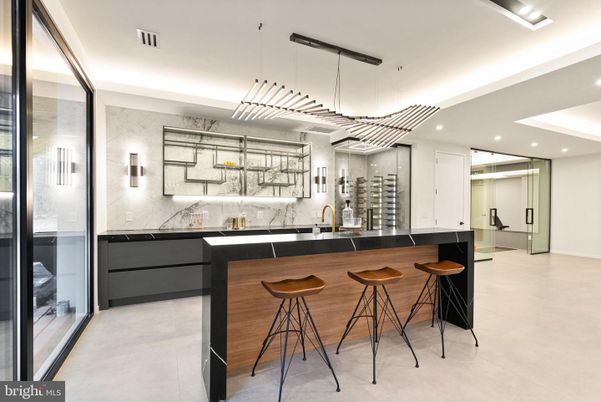 Interior, Kitchen, Marble Walls, Pendant Lights, Recessed Lighting, Wine Storage