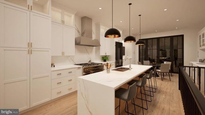 Dining room, Interior, Kitchen, Pendant Lights, Recessed Lighting, Stainless Steel Appliances, Wood Texture Flooring