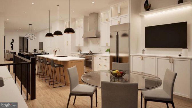 Dining room, Interior, Kitchen, Pendant Lights, Recessed Lighting, Stainless Steel Appliances, Wood Texture Flooring