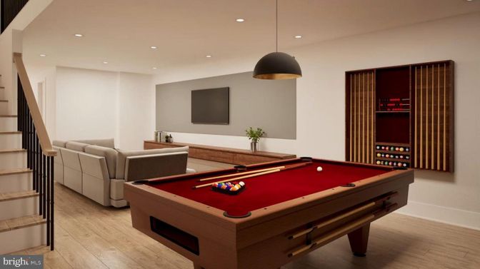 Billiard Table, Game Room, Interior, Pendant Lights, Recessed Lighting, Wood Texture Flooring