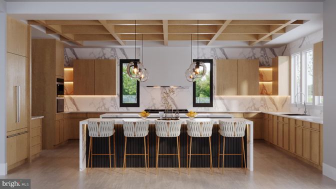Interior, Kitchen, Marble Walls, Pendant Lights