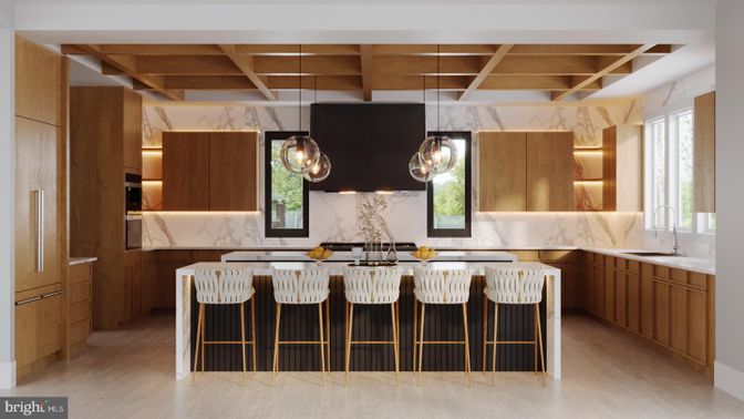 Interior, Kitchen, Marble Walls, Pendant Lights, Wooden Beams