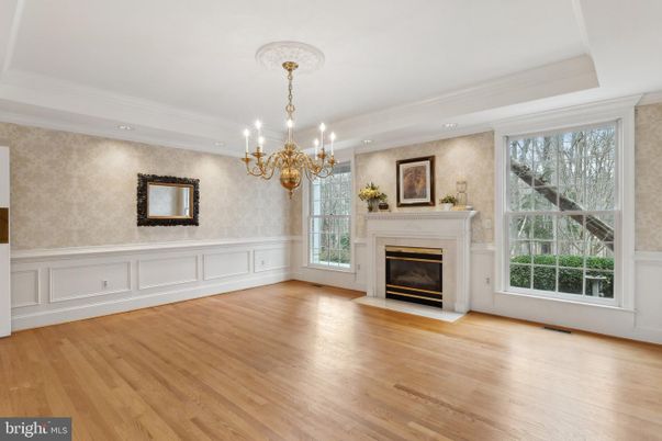 Chandelier, Empty room, Fireplace, Interior, Recessed Lighting, Wood Texture Flooring