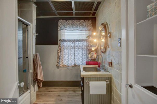 Bathroom, Interior, Tile Countertops, Wood Texture Flooring