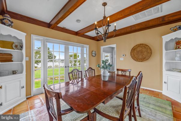 Chandelier, Dining room, Interior, Wooden Beams