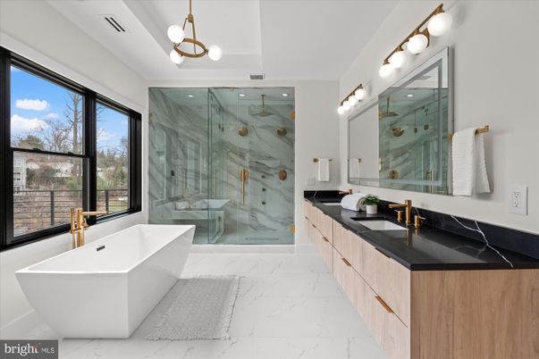 Bathroom, Dual Sink Vanities, Free Standing Baths, Glass Shower, Interior, Marble, Marble Walls, Pendant Lights