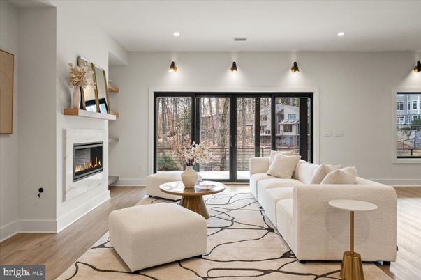 Fireplace, Interior, Living room, Recessed Lighting, Wood Texture Flooring