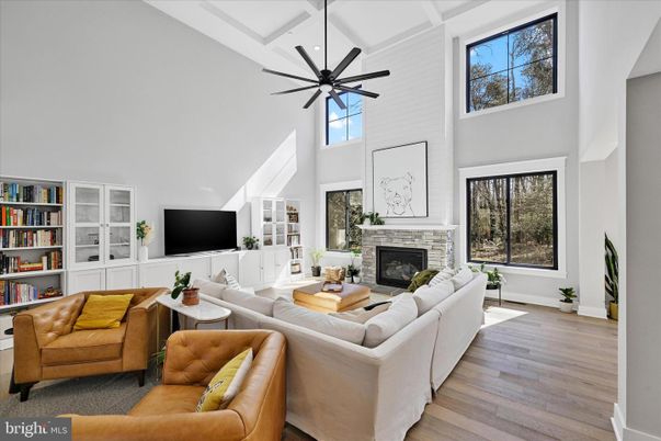 Fireplace, Interior, Living room, Pendant Lights, Wood Texture Flooring