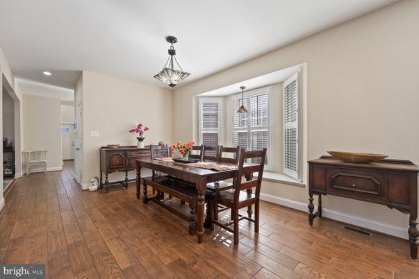 Dining room, Interior, Pendant Lights, Recessed Lighting, Wood Texture Flooring