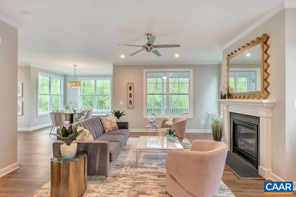 Dining room, Fireplace, Interior, Living room, Pendant Lights, Recessed Lighting, Wood Texture Flooring