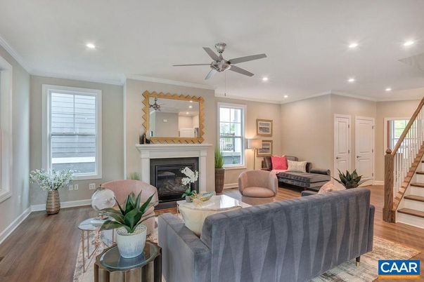Fireplace, Interior, Living room, Recessed Lighting, Wood Texture Flooring