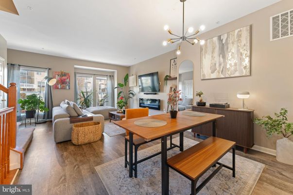 Dining room, Fireplace, Interior, Living room, Pendant Lights, Wood Texture Flooring