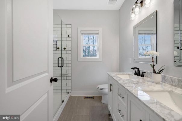 Bathroom, Dual Sink Vanities, Glass Shower, Interior, Wood Texture Flooring
