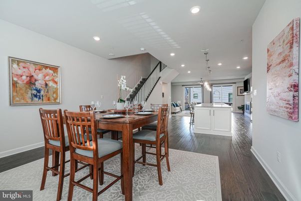 Dining room, Interior, Pendant Lights, Recessed Lighting, Wood Texture Flooring