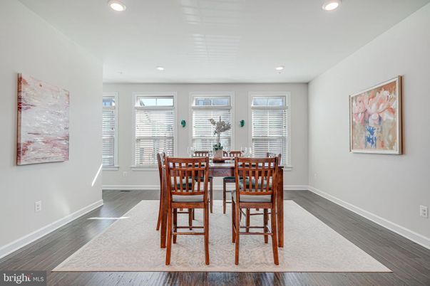 Dining room, Interior, Recessed Lighting, Wood Texture Flooring
