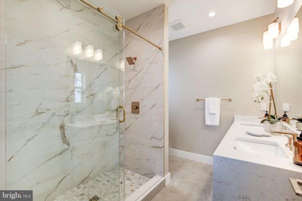 Bathroom, Glass Shower, Interior, Marble Walls, Recessed Lighting