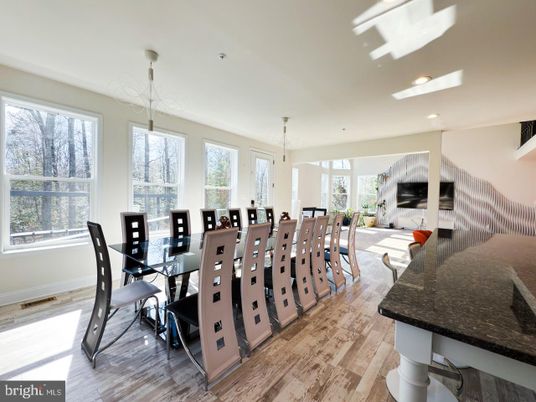 Dining room, Interior, Pendant Lights, Recessed Lighting, Wood Texture Flooring