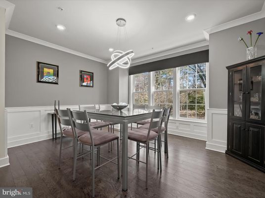 Dining room, Interior, Pendant Lights, Recessed Lighting, Wood Texture Flooring