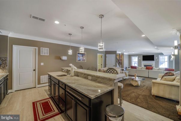 Fireplace, Interior, Living room, Pendant Lights, Recessed Lighting, Wood Texture Flooring