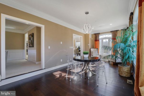 Dining room, Interior, Pendant Lights, Recessed Lighting, Wood Texture Flooring