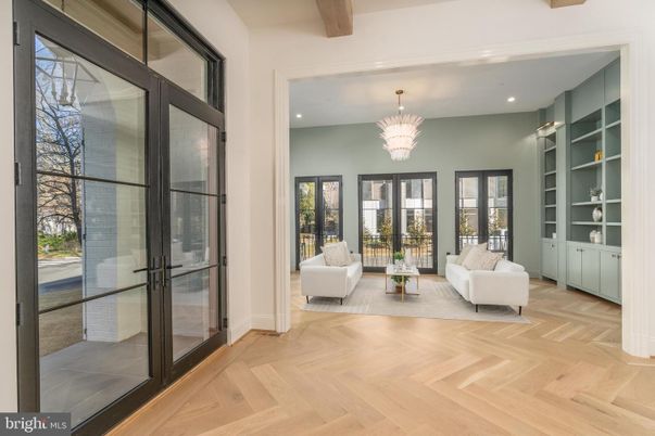 Chandelier, Interior, Living room, Recessed Lighting, Wooden Beams, Wood Texture Flooring