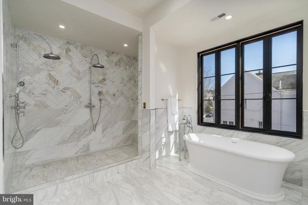 Bathroom, Free Standing Baths, Glass Shower, Interior, Marble, Marble Walls, Recessed Lighting