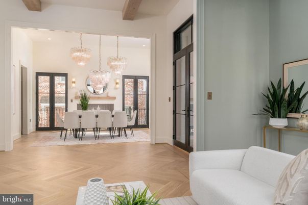 Chandelier, Dining room, Interior, Pendant Lights, Recessed Lighting, Wooden Beams, Wood Texture Flooring