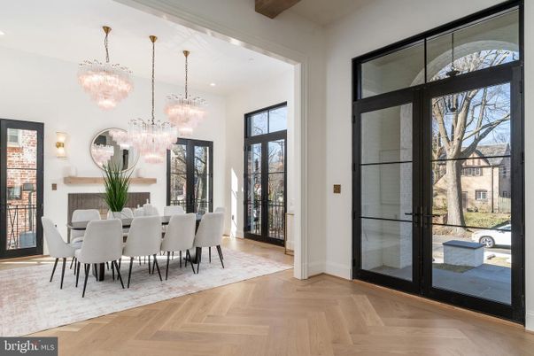 Chandelier, Dining room, Interior, Recessed Lighting, Wooden Beams, Wood Texture Flooring
