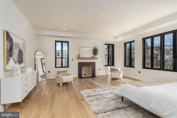 Bedroom, Fireplace, Interior, Recessed Lighting, Wood Texture Flooring