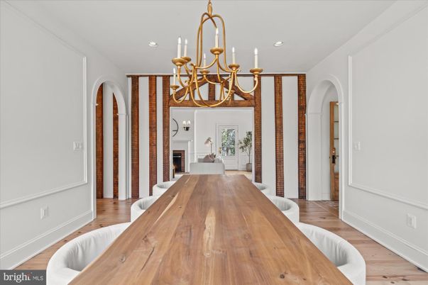 Chandelier, Dining room, Fireplace, Interior, Recessed Lighting, Wood Texture Flooring