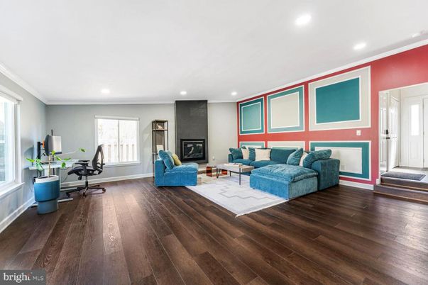 Fireplace, Home Office, Interior, Living room, Recessed Lighting, Wood Texture Flooring
