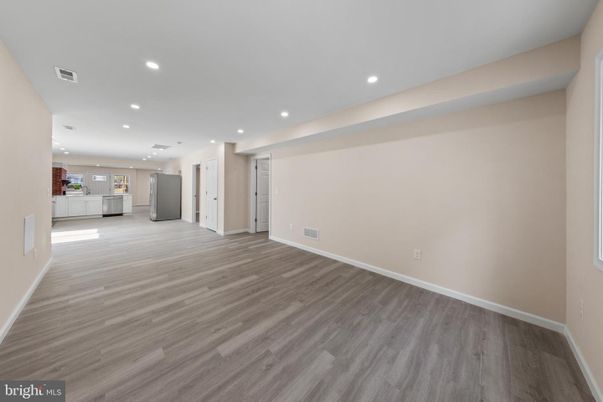 Empty room, Interior, Kitchen, Recessed Lighting, Wood Texture Flooring