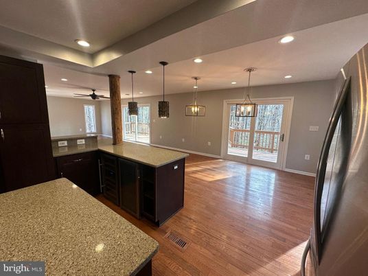 Interior, Kitchen, Pendant Lights, Recessed Lighting, Wood Texture Flooring