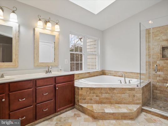 Bathroom, Dual Sink Vanities, Glass Shower, Interior, Stone Walls