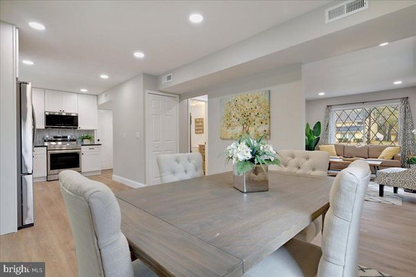 Dining room, Interior, Kitchen, Living room, Recessed Lighting, Stainless Steel Appliances, Wood Texture Flooring